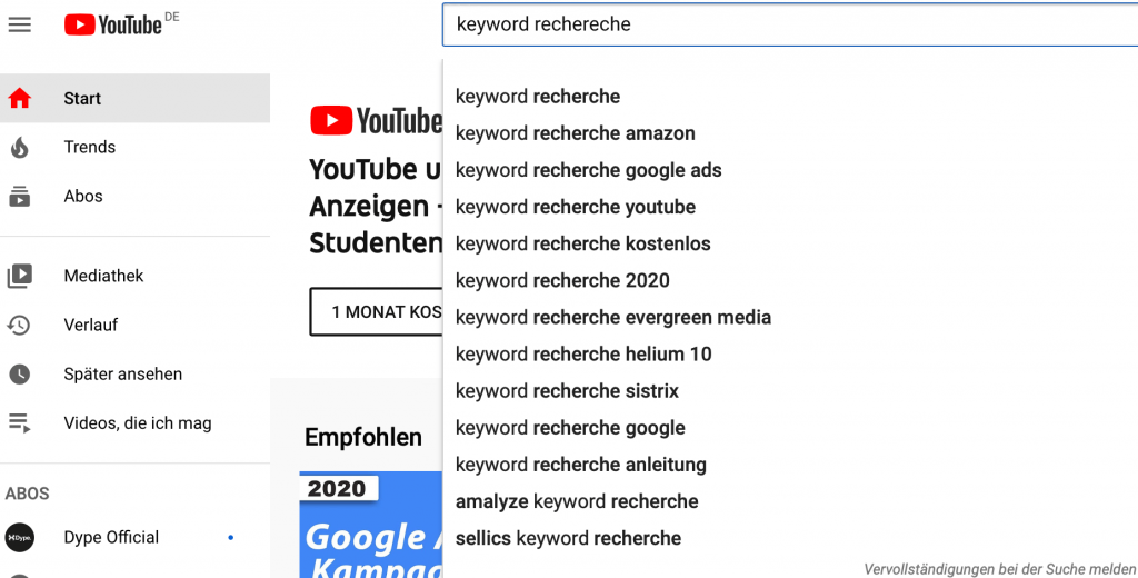 Keyword Recherche Youtube